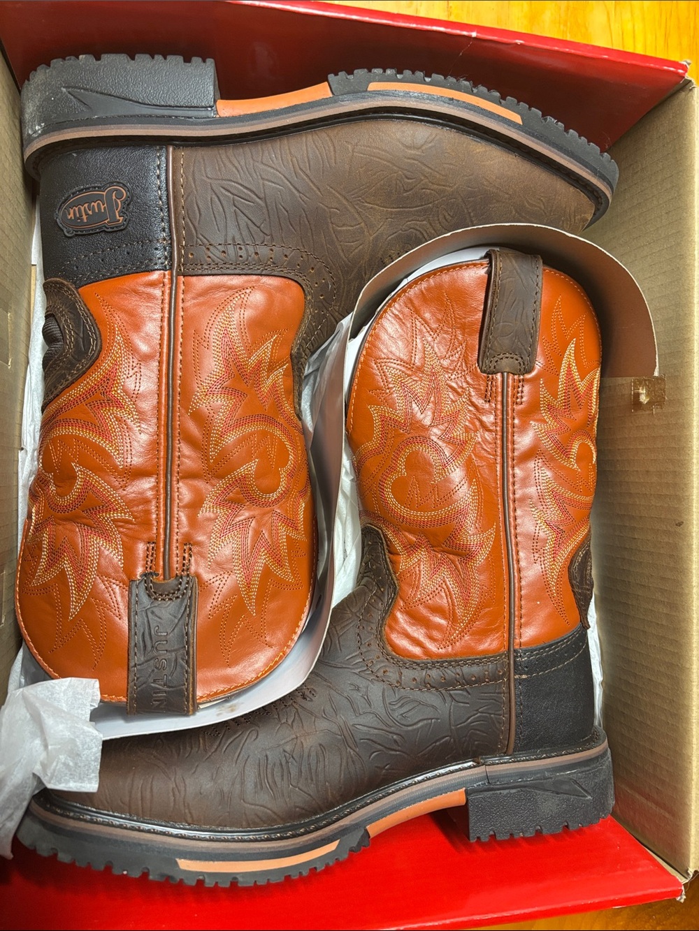Men’s Justin Boots Burt Orange Justin Dress Boots with Bold Logo